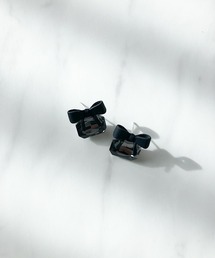 ブラックリボンスクエアビジューピアス