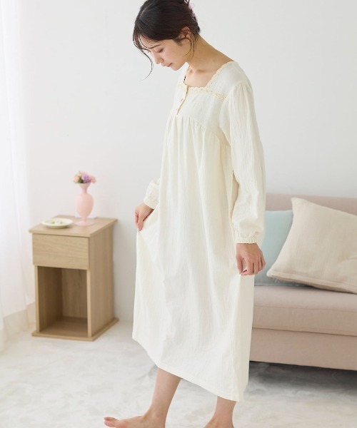 綿100％ダブルガーゼスクエアレースワンピース（ルームワンピース