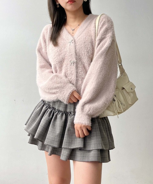 セール】◇キラキラリボンボタン フェザーVネックカーディガン