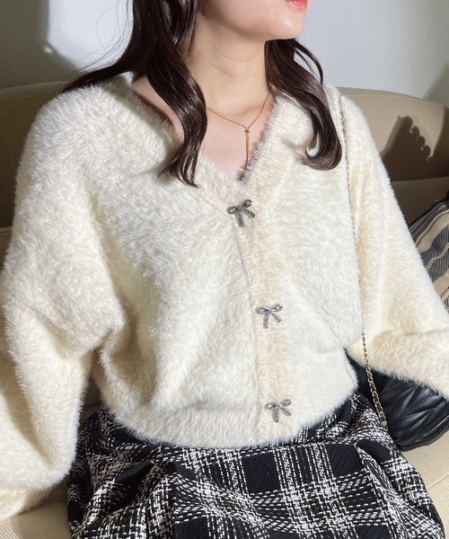 セール】◇キラキラリボンボタン フェザーVネックカーディガン
