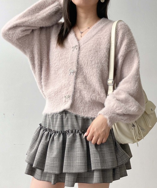 セール】◇キラキラリボンボタン フェザーVネックカーディガン