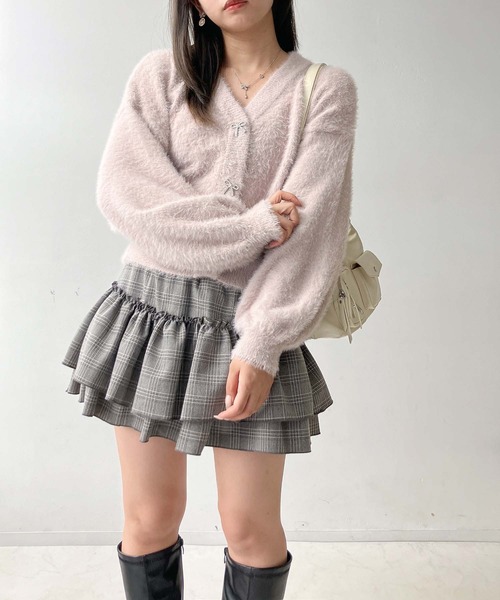 セール】◇キラキラリボンボタン フェザーVネックカーディガン