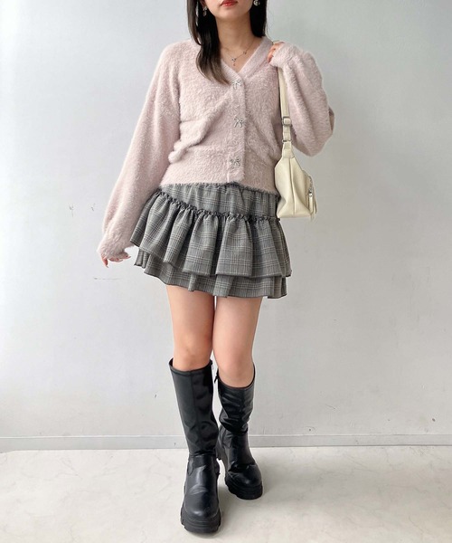 セール】◇キラキラリボンボタン フェザーVネックカーディガン