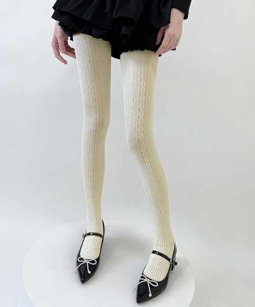 Nia（ニア）の「Nia(ニア)/レースデザイン　コットンタイツ（タイツ/ストッキング・レディース・ホワイト/ブラウン/ベージュ/ピンク/グレー/ダークグレー/パープル/ブラック・FREE）」の2枚目の写真