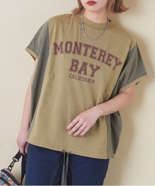 CUBE SUGAR（キューブシュガー）の「パウダー加工異素材切替裾ドロストプルオーバー（Tシャツ/カットソー・レディース・マルチ/スミクロ/サックスブルー/カーキ/レッド・M）」の3枚目の写真