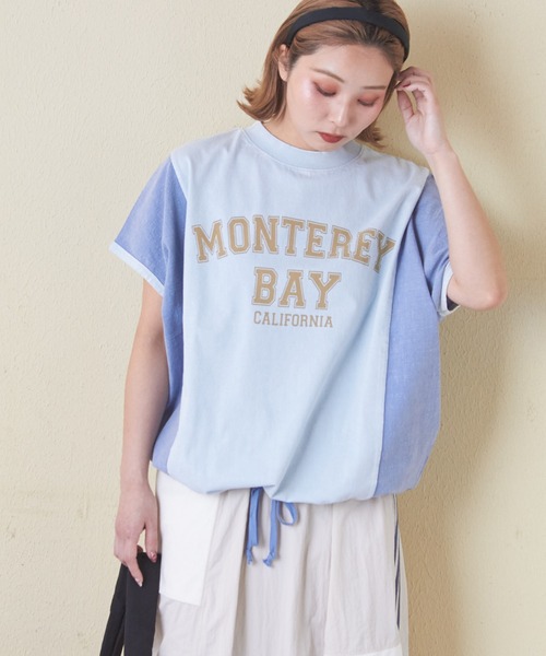 CUBE SUGAR（キューブシュガー）の「パウダー加工異素材切替裾ドロストプルオーバー（Tシャツ/カットソー・レディース・マルチ/スミクロ/サックスブルー/カーキ/レッド・M）」の4枚目の写真