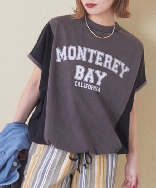 CUBE SUGAR（キューブシュガー）の「パウダー加工異素材切替裾ドロストプルオーバー（Tシャツ/カットソー・レディース・マルチ/スミクロ/サックスブルー/カーキ/レッド・M）」の2枚目の写真