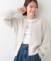 【S-LL】ラメフェザー柄編みカーディガン