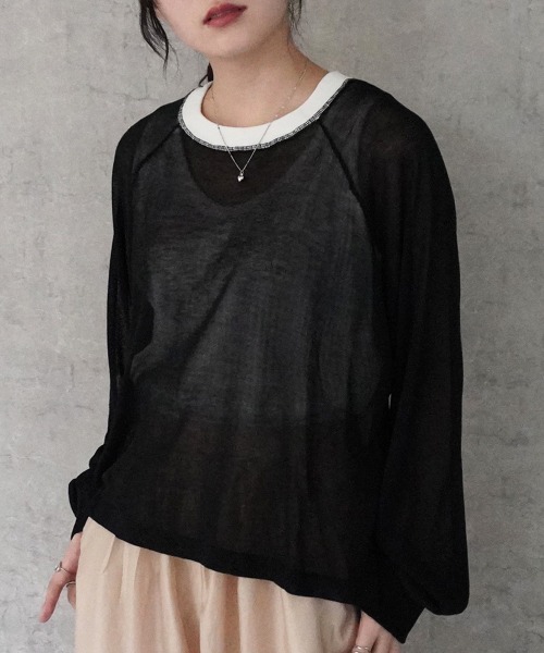 SELECT LEVERY(セレクトリベリー)の「配色カラーシアーニット(ニット/セーター・レディース・ブラック/ベージュ/オフホワイト/パープル・MEDIUM/LARGE)」の1枚目の写真