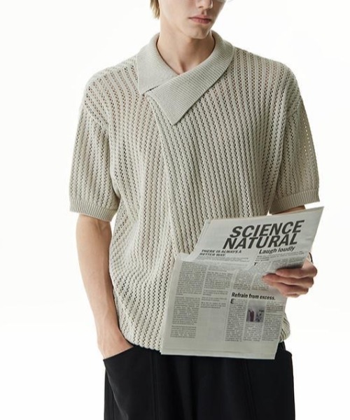 セール】アシンメトリーカットアウトニットポロシャツ（Tシャツ