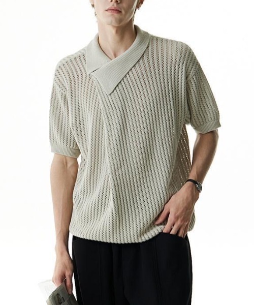アポロ セール】アシンメトリーカットアウトニットポロシャツ（Tシャツ
