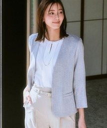 【選べるノーカラー/テーラード】洗える麻調合繊7分袖ストレッチジャケット(接触冷感/防しわ/ストレッチ/UVカット)