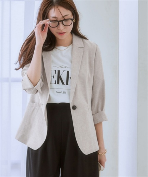 7days Life Styling（セブンデイズライフスタイリング）の「【選べるノーカラー/テーラード】洗える麻調合繊７分袖ストレッチジャケット（接触冷感・防しわ・ストレッチ・UVカット）（テーラードジャケット・レディース・ライトグレー系/ネイビー系/ベージュ系/ネイビー系1/ライトグレー系1/ベージュ系1・LL/L/M/S/3L）」の3枚目の写真
