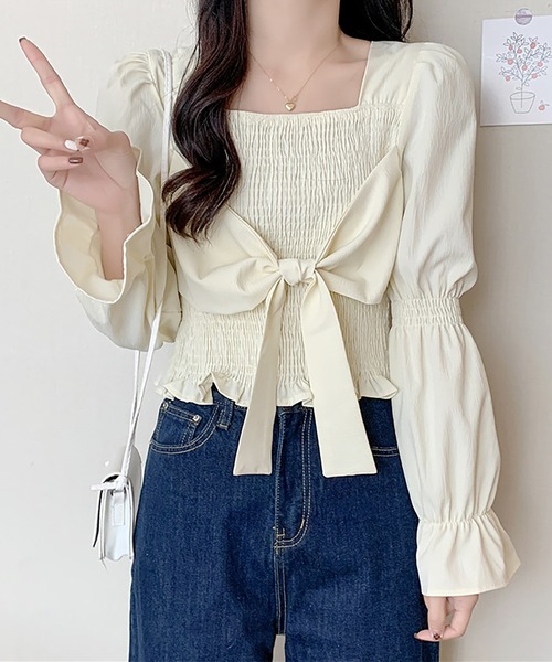 新品 タグ付き MOUSSY フロント リボン ギャザー ブラウス
