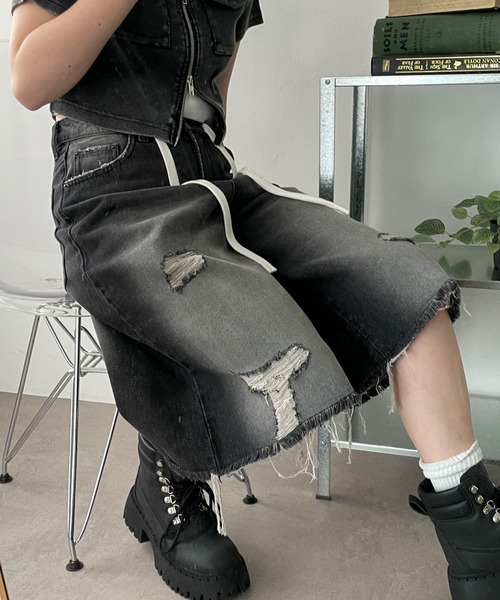 セール】WEGO/ヴィンテージウォッシュダメージバギーハーフパンツ