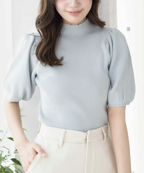 CLEAR BASIC（クリアベーシック）の「パフスリーブ半袖リブニットトップス[フェミニン パフスリーブ 骨格ウェーブ]≪SS新作≫（ニット/セーター・レディース・ピンク/オフホワイト/ラベンダー/グレー系その他/ブラック/ボルドー/ブラウン・F）」の3枚目の写真