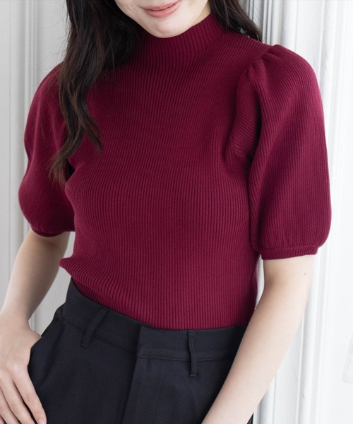 CLEAR BASIC（クリアベーシック）の「パフスリーブ半袖リブニットトップス[フェミニン パフスリーブ 骨格ウェーブ]≪SS新作≫（ニット/セーター・レディース・ピンク/オフホワイト/ラベンダー/グレー系その他/ブラック/ボルドー/ブラウン・F）」の7枚目の写真