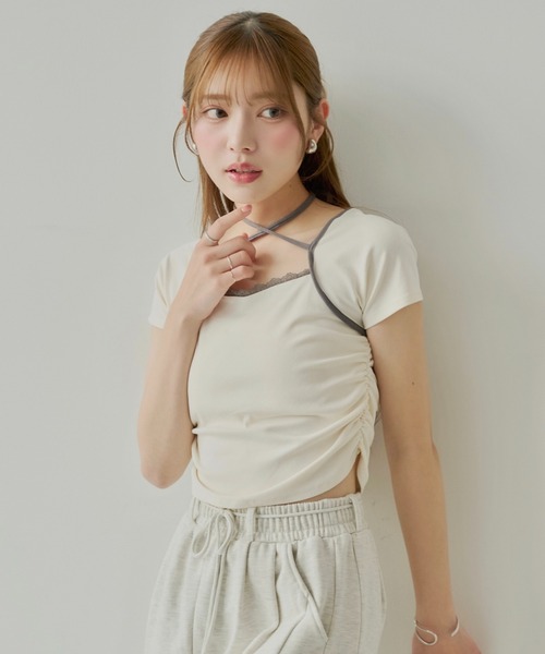 Chico(チコ)の「【5色展開】レイヤードデザインフレンチT(Tシャツ/カットソー・レディース・チャコールグレー/ホワイト/ピンク/オートミール/ブルー・FREE)」の2枚目の写真