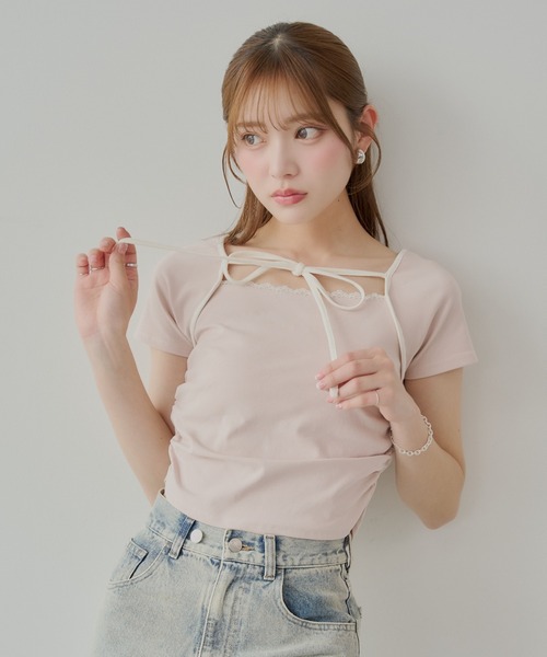 Chico(チコ)の「【5色展開】レイヤードデザインフレンチT(Tシャツ/カットソー・レディース・チャコールグレー/ホワイト/ピンク/オートミール/ブルー・FREE)」の1枚目の写真