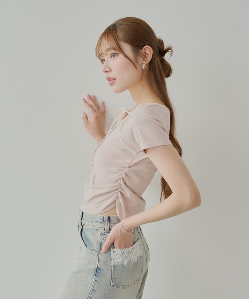 Chico(チコ)の「【5色展開】レイヤードデザインフレンチT(Tシャツ/カットソー・レディース・チャコールグレー/ホワイト/ピンク/オートミール/ブルー・FREE)」の6枚目の写真