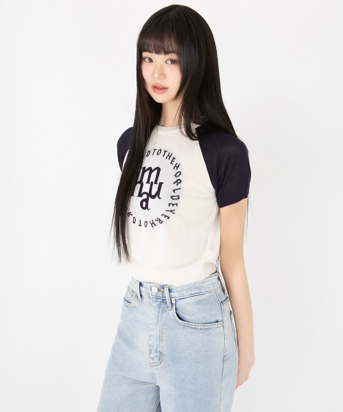 tシャツ A'GEM/9 × .kom 「muah muah/ムーアムーア」 JACQUARD LOGO RAGLAN HALF KNIT/ジャカード A'GEM/9 × .kom 『muah muah/ムーアムーア』 JACQUARD LOGO