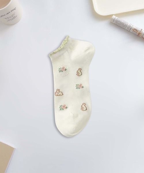 梅花53 セール】【MOSOX】フラワー刺繍＆チェックデザインソックス