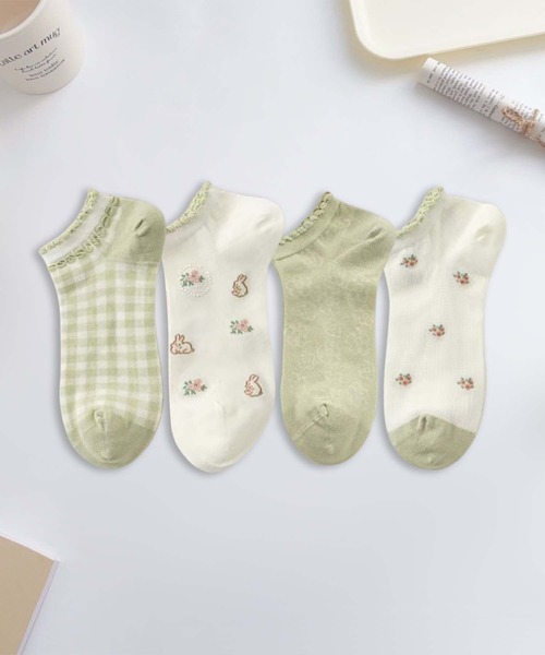 MOSOX】フラワー刺繍＆チェックデザインソックス（ソックス/靴下