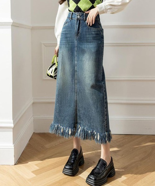 DIESEL ロゴ De-Pago-S ハイウエスト フリンジ デニムスカート DIESEL ロゴ De-Pago-S ハイウエスト フリンジ デニムスカート