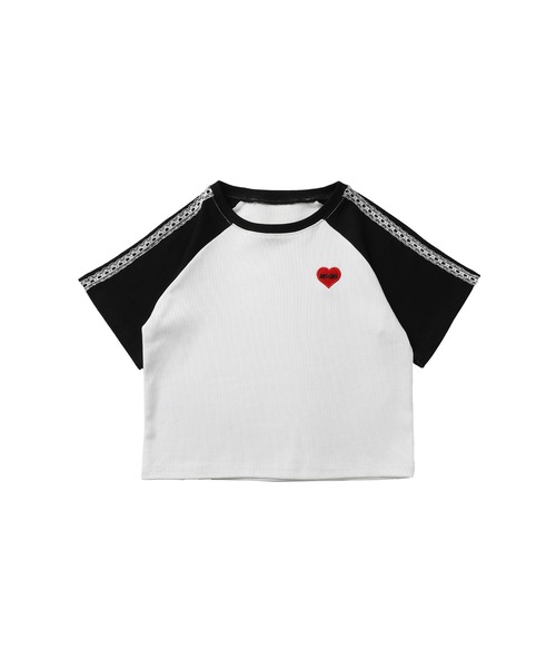 MSGirl(エムエスジーガール)の「ワンポイントラグランレースライン ハートロゴ クロップド丈 半袖Tシャツ(Tシャツ/カットソー・レディース・ワイン/ブラック/チャコール・F)」の4枚目の写真