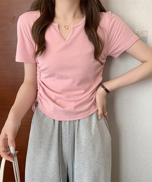 blackdia ocean（ブラックダイヤオーシャン）の「blackdia ocean サイドシャーリング Vカット半袖（Tシャツ/カットソー・レディース・ブラック/ホワイト/ピンク/グレー・LARGE/MEDIUM/X-LARGE）」の4枚目の写真