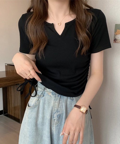 blackdia ocean（ブラックダイヤオーシャン）の「blackdia ocean サイドシャーリング Vカット半袖（Tシャツ/カットソー・レディース・ブラック/ホワイト/ピンク/グレー・LARGE/MEDIUM/X-LARGE）」の3枚目の写真