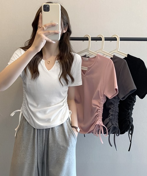 blackdia ocean（ブラックダイヤオーシャン）の「blackdia ocean サイドシャーリング Vカット半袖（Tシャツ/カットソー・レディース・ブラック/ホワイト/ピンク/グレー・LARGE/MEDIUM/X-LARGE）」の5枚目の写真