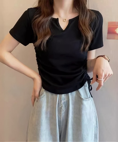blackdia ocean（ブラックダイヤオーシャン）の「blackdia ocean サイドシャーリング Vカット半袖（Tシャツ/カットソー・レディース・ブラック/ホワイト/ピンク/グレー・LARGE/MEDIUM/X-LARGE）」の6枚目の写真