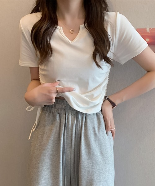 blackdia ocean（ブラックダイヤオーシャン）の「blackdia ocean サイドシャーリング Vカット半袖（Tシャツ/カットソー・レディース・ブラック/ホワイト/ピンク/グレー・LARGE/MEDIUM/X-LARGE）」の7枚目の写真