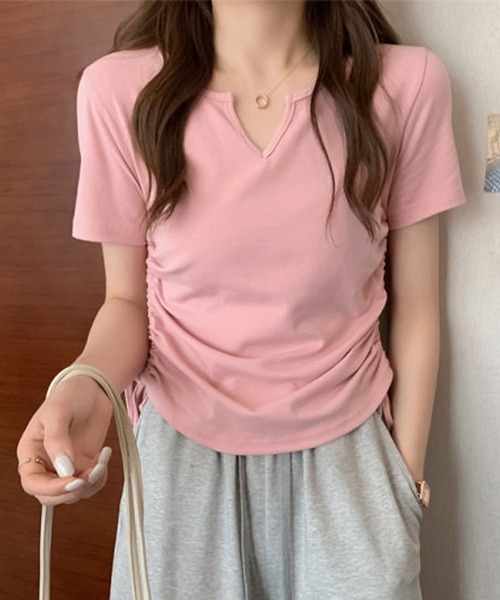 blackdia ocean（ブラックダイヤオーシャン）の「blackdia ocean サイドシャーリング Vカット半袖（Tシャツ/カットソー・レディース・ブラック/ホワイト/ピンク/グレー・LARGE/MEDIUM/X-LARGE）」の8枚目の写真