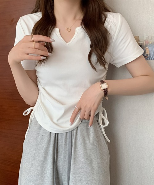 blackdia ocean（ブラックダイヤオーシャン）の「blackdia ocean サイドシャーリング Vカット半袖（Tシャツ/カットソー・レディース・ブラック/ホワイト/ピンク/グレー・LARGE/MEDIUM/X-LARGE）」の10枚目の写真