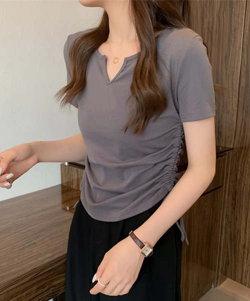 blackdia ocean（ブラックダイヤオーシャン）の「blackdia ocean サイドシャーリング Vカット半袖（Tシャツ/カットソー・レディース・ブラック/ホワイト/ピンク/グレー・LARGE/MEDIUM/X-LARGE）」の11枚目の写真