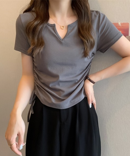 blackdia ocean（ブラックダイヤオーシャン）の「blackdia ocean サイドシャーリング Vカット半袖（Tシャツ/カットソー・レディース・ブラック/ホワイト/ピンク/グレー・LARGE/MEDIUM/X-LARGE）」の13枚目の写真
