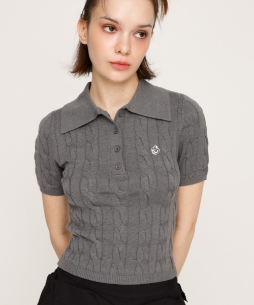 CABLE POLO KNIT TOPS ケーブル ポロニット トップス 秋服 半袖