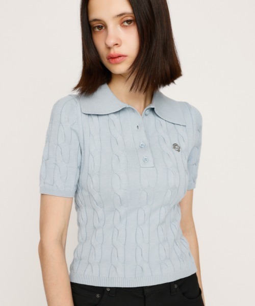 CABLE POLO KNIT TOPS ケーブル ポロニット トップス 秋服 半袖