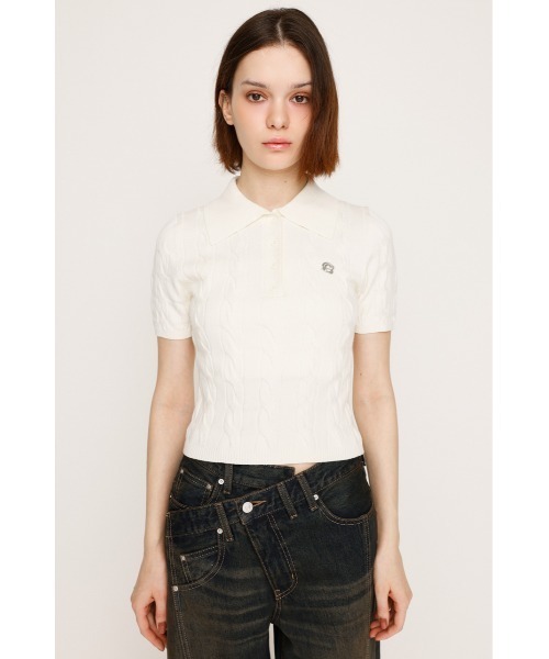 SLY（スライ）の「CABLE POLO KNIT TOPS ケーブル ポロニット トップス 秋服 半袖（ポロシャツ・レディース・ネイビー/アイボリー/ライトブルー/杢グレー・FREE）」の6枚目の写真