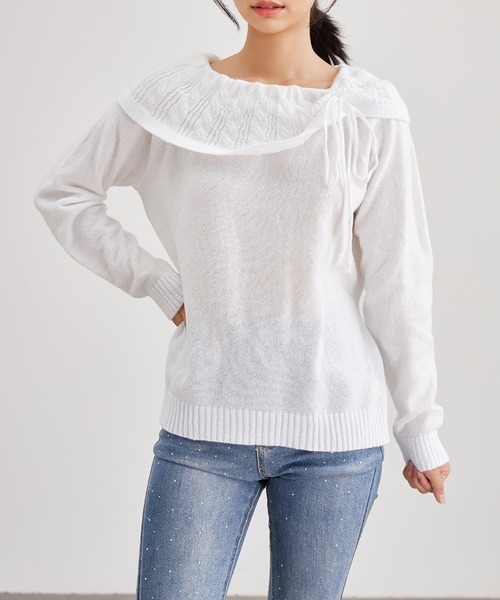 Lace Ladies(レースレディース)の「リボン付き コンパクト オフショル ニット プルオーバー(ニット/セーター・レディース・ピンク/ブラック/アイボリー・M/S)」の1枚目の写真