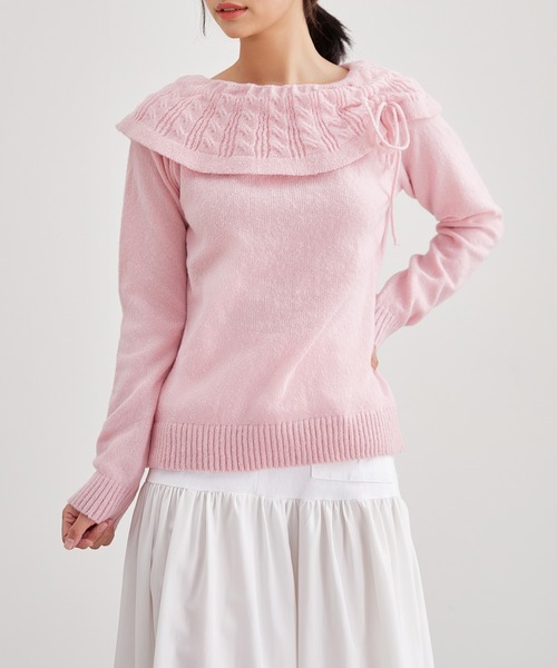 Lace Ladies(レースレディース)の「リボン付き コンパクト オフショル ニット プルオーバー(ニット/セーター・レディース・ピンク/ブラック/アイボリー・M/S)」の10枚目の写真