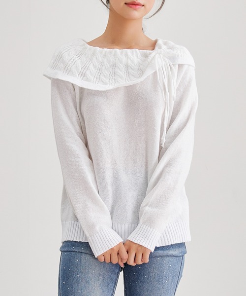 Lace Ladies(レースレディース)の「リボン付き コンパクト オフショル ニット プルオーバー(ニット/セーター・レディース・ピンク/ブラック/アイボリー・M/S)」の14枚目の写真