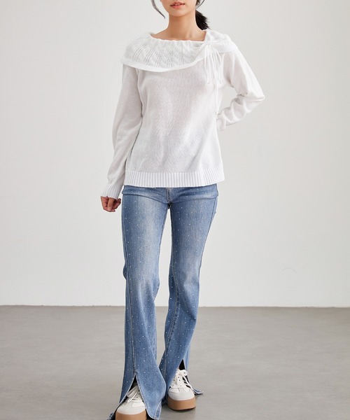 Lace Ladies(レースレディース)の「リボン付き コンパクト オフショル ニット プルオーバー(ニット/セーター・レディース・ピンク/ブラック/アイボリー・M/S)」の16枚目の写真