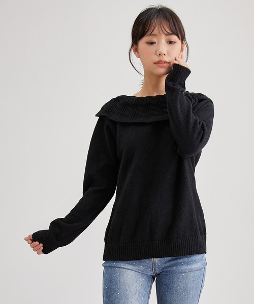 Lace Ladies(レースレディース)の「リボン付き コンパクト オフショル ニット プルオーバー(ニット/セーター・レディース・ピンク/ブラック/アイボリー・M/S)」の4枚目の写真