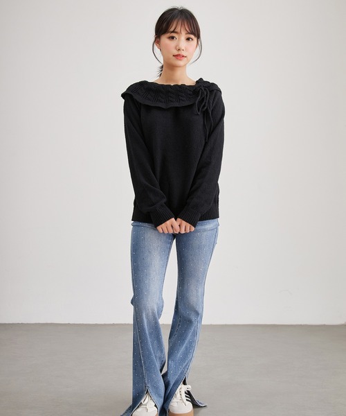 Lace Ladies(レースレディース)の「リボン付き コンパクト オフショル ニット プルオーバー(ニット/セーター・レディース・ピンク/ブラック/アイボリー・M/S)」の6枚目の写真