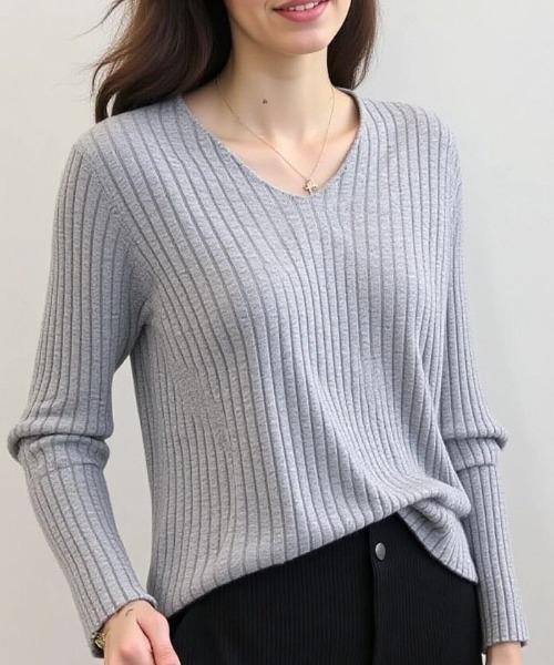 cammie(キャミー)の「Vネックシンプルリブニット(ニット/セーター・レディース・パープル/グレー/ブラック/モカ・F)」の3枚目の写真