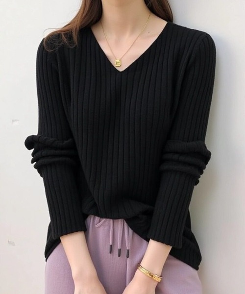 cammie(キャミー)の「Vネックシンプルリブニット(ニット/セーター・レディース・パープル/グレー/ブラック/モカ・F)」の2枚目の写真