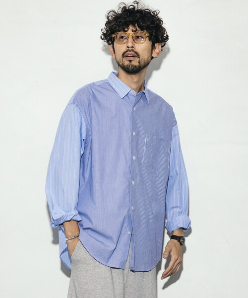 Firsthand(ファーストハンド)の「Firsthand/ファーストハンド リラックスフィット ランダム切り替え レギュラーシャツ / 長袖(シャツ/ブラウス・メンズ・ネイビー/ブルー・L/M)」の2枚目の写真